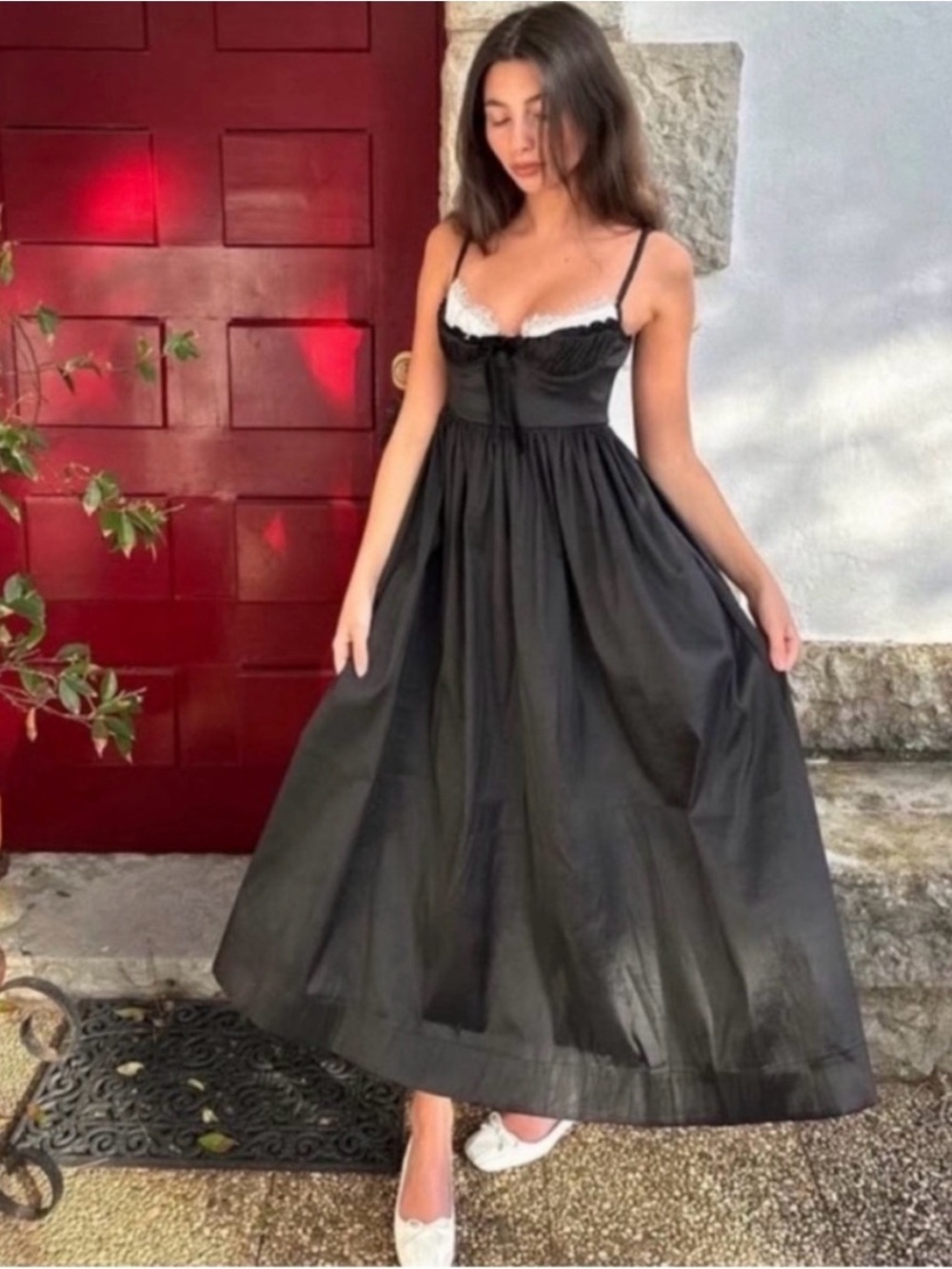For Love & Lemons black Spaghetti-Strap Midi Dress with Lace Trim